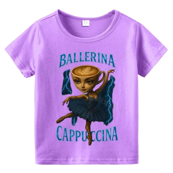 Cappuccina Ballerina Girl T Shirts Italian Brainrot  Short Sleeve Kids Cotton Tee Tops Trulimero Trulichina Cat Toddler Clothes (Copy)
