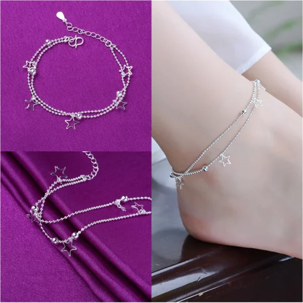 Sterling Silver Color Stamp Anklets For Women Foot Leg Chain Link Bracelet Tassel Charms Beach Accessories Jewelry For Female