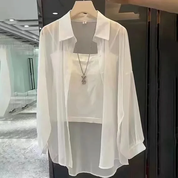 Shirt for Women Blouse Long Sleeve Top Chiffon Summer Simple Sun-proof Fashion All-match Basic Korean Sexy Solid Casual Shirt