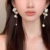 Korean Fashion Earrings Exquisite Dangle Earrings White Crystal Zirconia Flower Bridal Earring Party Jewelry for Women Aretes