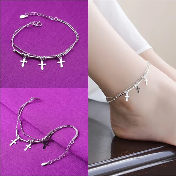 Sterling Silver Color Stamp Anklets For Women Foot Leg Chain Link Bracelet Tassel Charms Beach Accessories Jewelry For Female