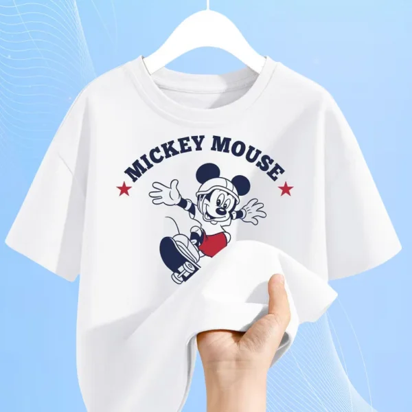Summer Baby Girls Solid Clothes Kid Boy Disney Mickey Printed Short Sleeve T-shirts Children Cartoon O-Neck Soft Breathable Top