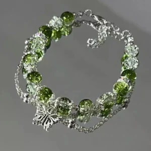 Niche Design Super Fairy Butterfly Bracelet for Women Sweet Green Bead Tassels Chain Elastic Bracelet Exquisite Girl Jewelry