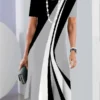 New Women's Dresses Striped Printed Elegant Casual O Neck Short Sleeve Summer Dresses Fashion Ladies Plus Size Clothing Vestidos