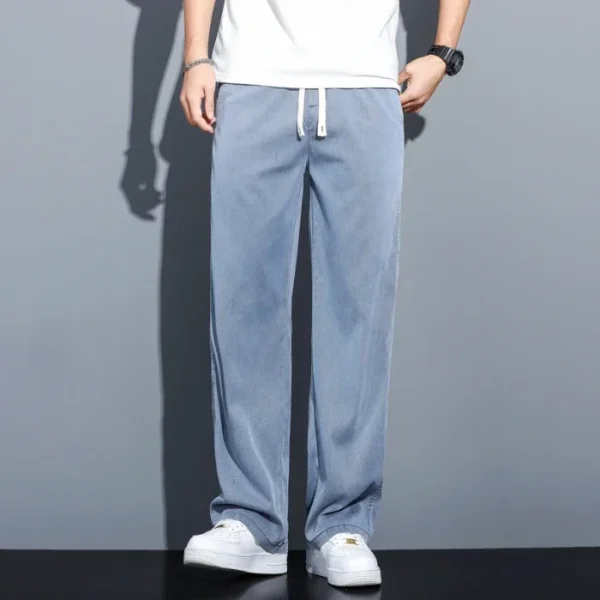 Summer Soft Lyocell Fabric Men's Jeans Thin Loose Straight Pants Drawstring Elastic Waist Korea Casual Trousers Plus Size