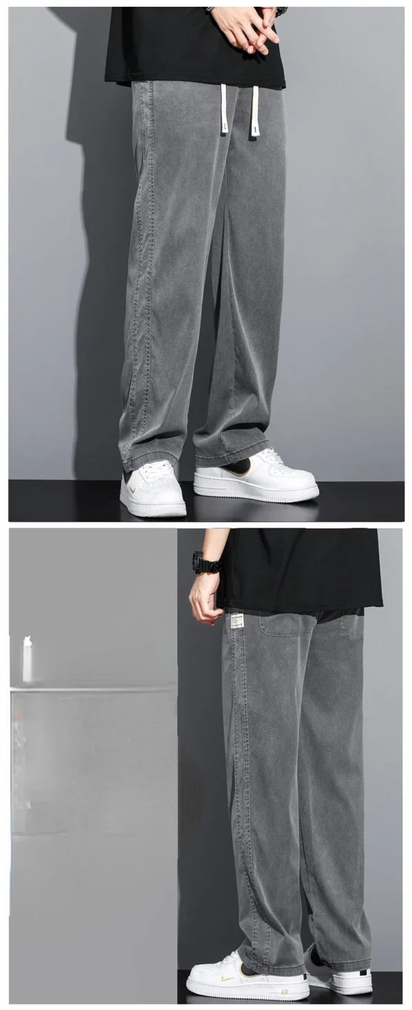 Summer Soft Lyocell Fabric Men's Jeans Thin Loose Straight Pants Drawstring Elastic Waist Korea Casual Trousers Plus Size