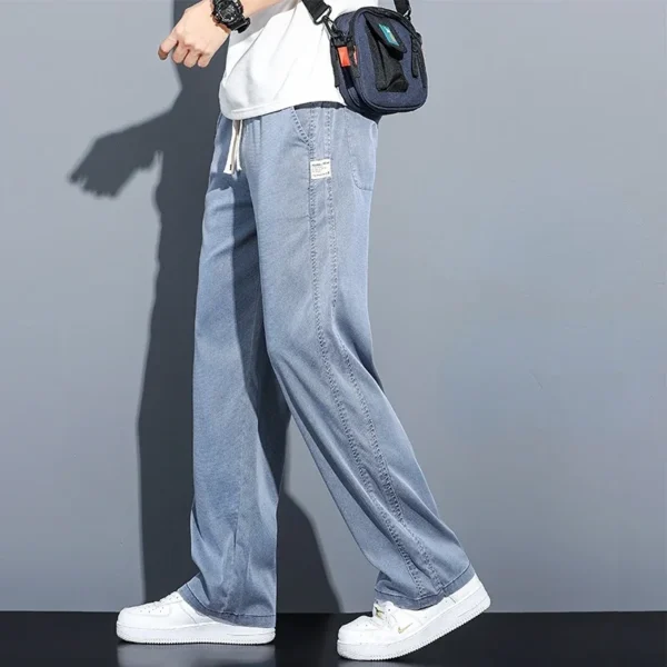 Summer Soft Lyocell Fabric Men's Jeans Thin Loose Straight Pants Drawstring Elastic Waist Korea Casual Trousers Plus Size