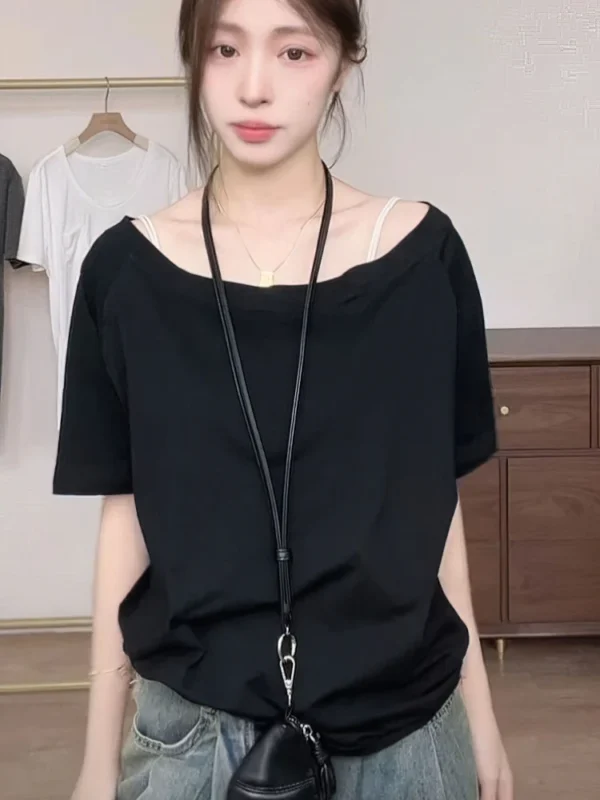 Cotton Off shoulder Summer Oversize T shirt Women Solid color Short sleeve Tops Lady Casual Tees Korean style Youth Blouses