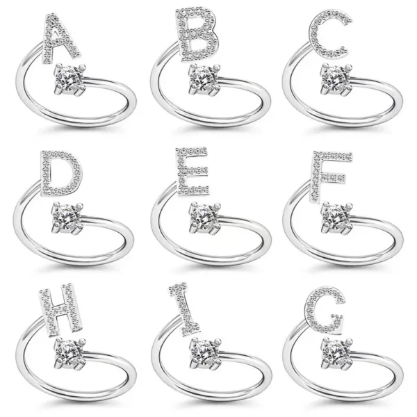 LATS Zircon Initial A-Z Letter Rings for Women Girl Adjustable Opening Ring Name Alphabet Female Wedding Fashion Jewelry Gift