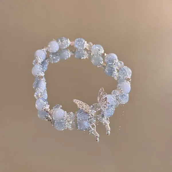 Niche Design Super Fairy Butterfly Bracelet for Women Sweet Green Bead Tassels Chain Elastic Bracelet Exquisite Girl Jewelry