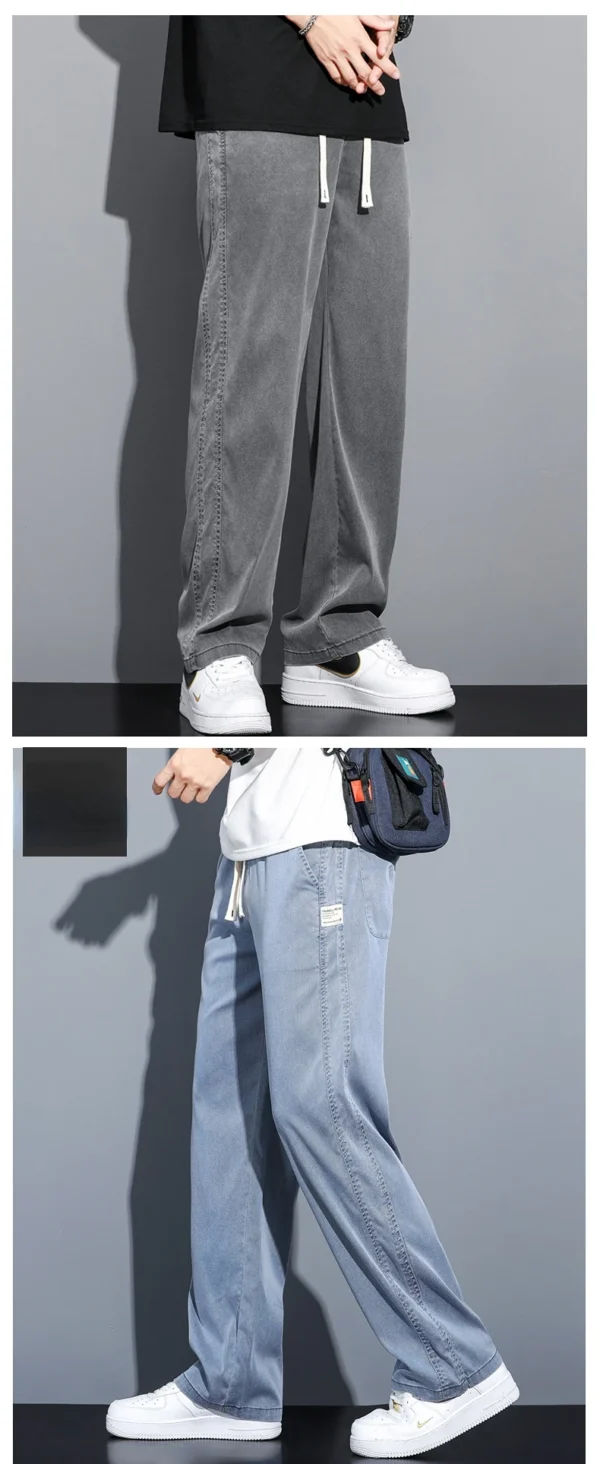 Summer Soft Lyocell Fabric Men's Jeans Thin Loose Straight Pants Drawstring Elastic Waist Korea Casual Trousers Plus Size