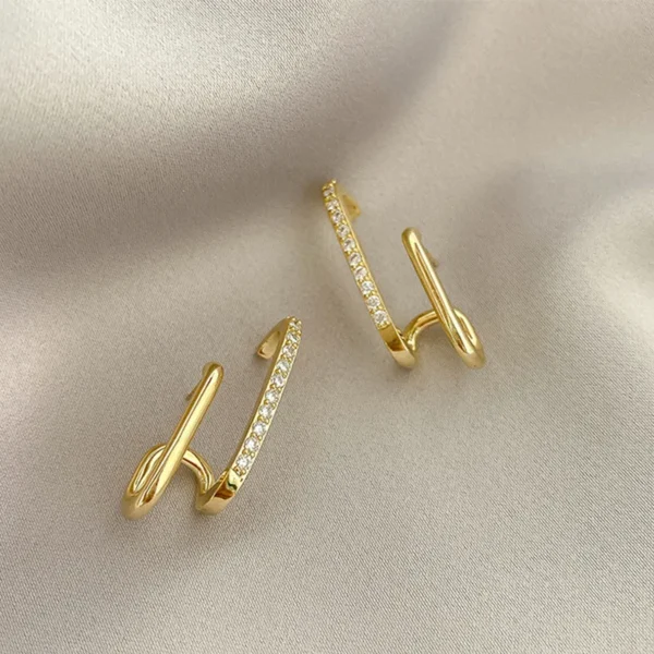 FTCY Luxury Double Row Earrings for Women Korean Irregular U-shaped Gold Color Piercing Earrings Wedding Party Jewelry Gift