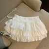 Sweet Puffy Cake Women Skirts Korean Fashion Ruched Ruffle Mini Skirt Campus Harajuku Casual Versatile Elastic Waist Solid Skirt