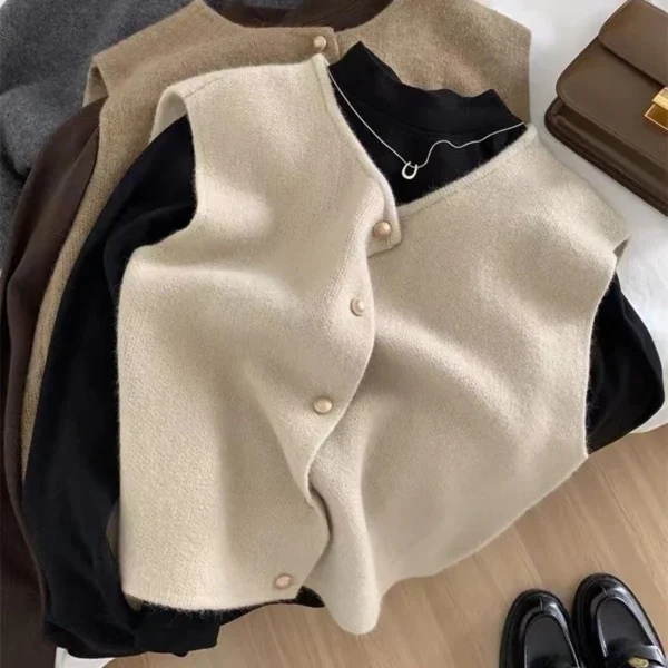 Basic Tanks Women Autumn Knitted Korean Cardigan Casual All-Match Solid Sleeveless Fashion Tops Slim Warm Loose Sweater Vest