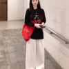 Black long sleeved T-shirt Women Autumn Winter 2025 New 100% Cotton Korean Cherry Print T-shirt Loose Y2k Top Female clothing