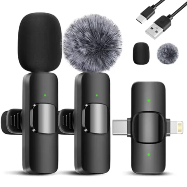 2 Pack Wireless Lavalier Microphone for iPhone iPad Android Phone Mini Lapel Microphone for Video Rrding Clip on Dual Mics with