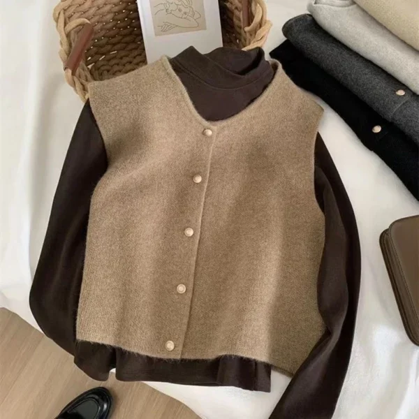 Basic Tanks Women Autumn Knitted Korean Cardigan Casual All-Match Solid Sleeveless Fashion Tops Slim Warm Loose Sweater Vest