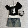 Asthetische Goth Fledermaus Brief Y2K Stil zweitelige T-Shirt Kurzarm Weste Harajuku Streetwear Hosentrger Frauen Kleidung Shirt