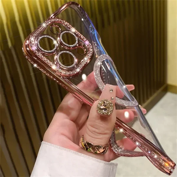 New Fashion Glitter Diamond Transparent Case For iPhone 16 15 14 13 17 12 Pro Max 16 Plus Magnetic Wireless Charge Bumper Cover