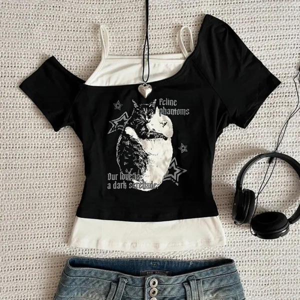 Asthetische Goth Fledermaus Brief Y2K Stil zweitelige T-Shirt Kurzarm Weste Harajuku Streetwear Hosentrger Frauen Kleidung Shirt