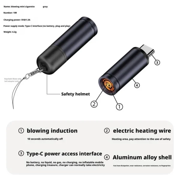 Aluminum Alloy Mini Blowing Cigarette Lighter No Charging, No Gas TYPE-C Plug Portable OTG Output Low Consumption Lighter