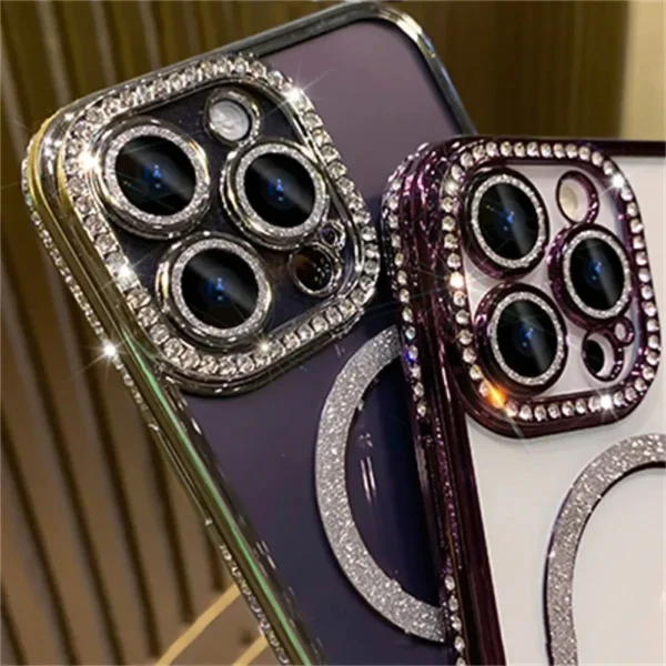 New Fashion Glitter Diamond Transparent Case For iPhone 16 15 14 13 17 12 Pro Max 16 Plus Magnetic Wireless Charge Bumper Cover