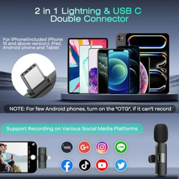 2 Pack Wireless Lavalier Microphone for iPhone iPad Android Phone Mini Lapel Microphone for Video Rrding Clip on Dual Mics with
