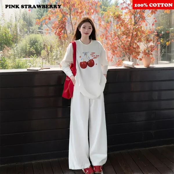 Black long sleeved T-shirt Women Autumn Winter 2025 New 100% Cotton Korean Cherry Print T-shirt Loose Y2k Top Female clothing