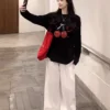 Black long sleeved T-shirt Women Autumn Winter 2025 New 100% Cotton Korean Cherry Print T-shirt Loose Y2k Top Female clothing