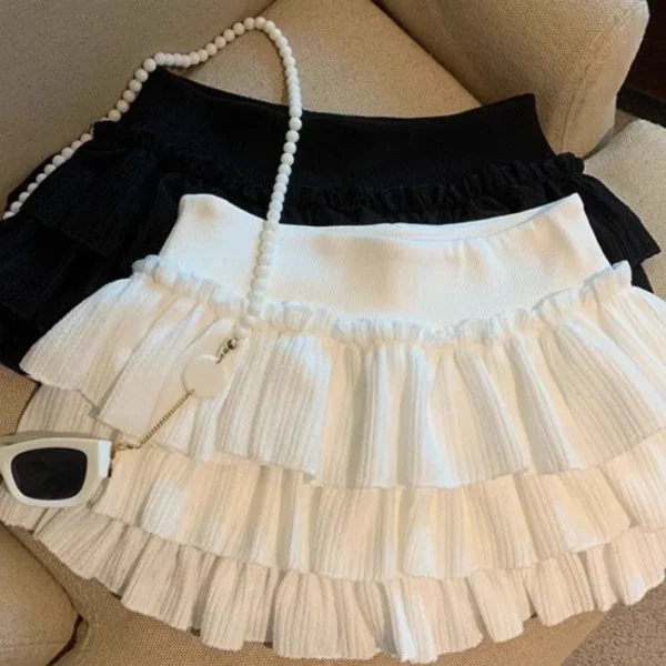 Sweet Puffy Cake Women Skirts Korean Fashion Ruched Ruffle Mini Skirt Campus Harajuku Casual Versatile Elastic Waist Solid Skirt
