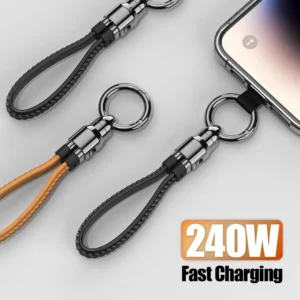240W Fast Charger Cable Phone Charms Leather Keychain Portable Travel Type-C to C Charger for iPhone 16/15 Xiaomi 13