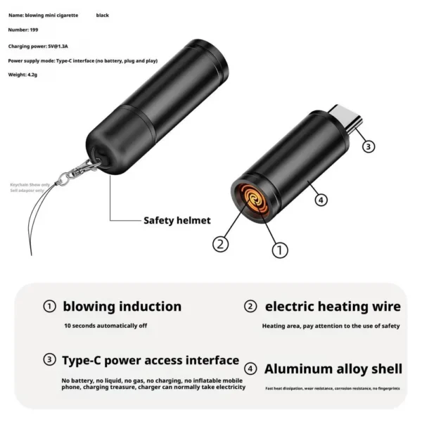 Aluminum Alloy Mini Blowing Cigarette Lighter No Charging, No Gas TYPE-C Plug Portable OTG Output Low Consumption Lighter