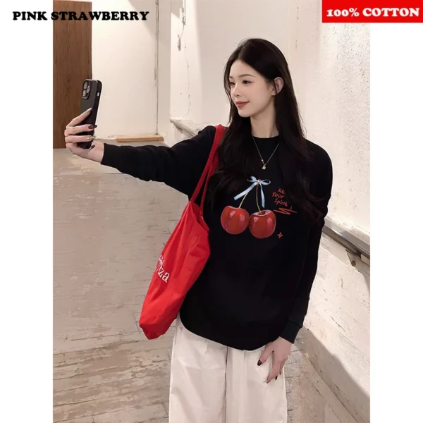 Black long sleeved T-shirt Women Autumn Winter 2025 New 100% Cotton Korean Cherry Print T-shirt Loose Y2k Top Female clothing