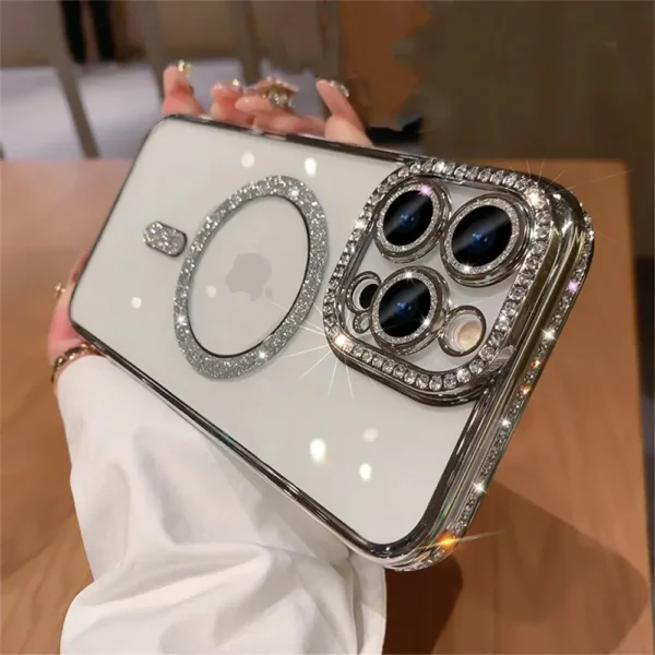 New Fashion Glitter Diamond Transparent Case For iPhone 16 15 14 13 17 12 Pro Max 16 Plus Magnetic Wireless Charge Bumper Cover