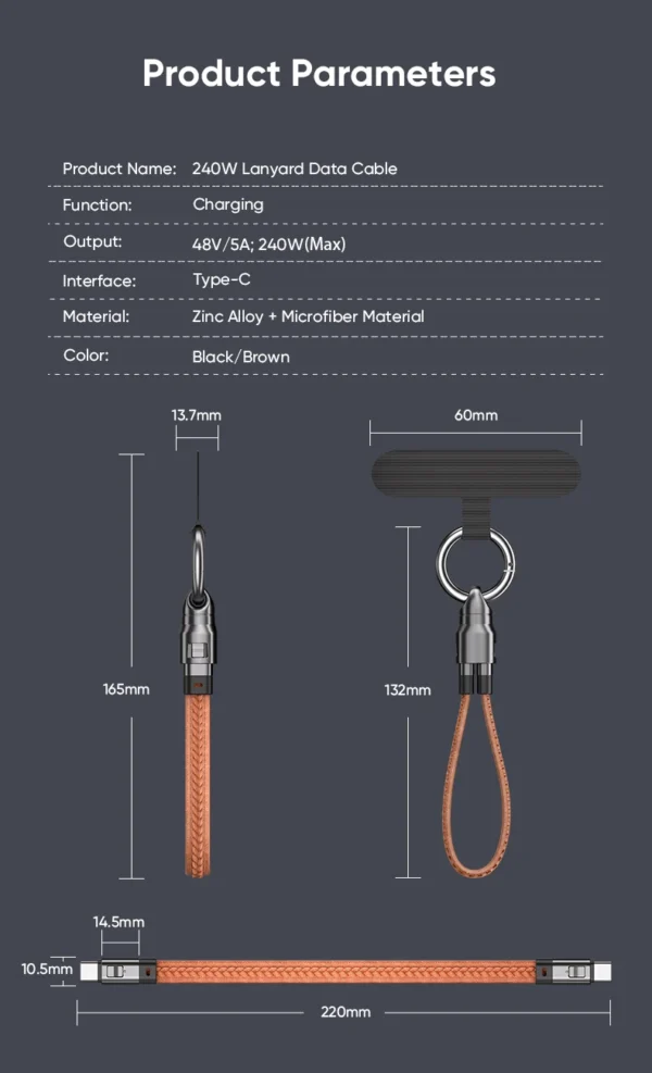 240W Mobile Fast Charging Cable Type-C to USB-C Keychain Anti Loss Hanging Rope 48V5A Short Line Laptop Tablet Charging Cable