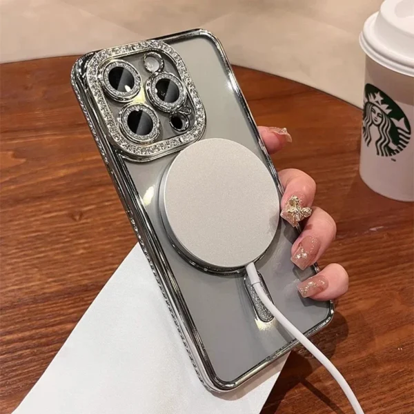 New Fashion Glitter Diamond Transparent Case For iPhone 16 15 14 13 17 12 Pro Max 16 Plus Magnetic Wireless Charge Bumper Cover