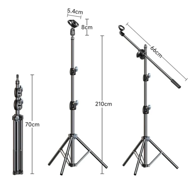 Microphone Boom Tripod Stand 1.7 2.1M Mic Tripod Bracket 66CM Crossbar Arms With Clip And Phone Holder For Iphone Samsung Xiaomi