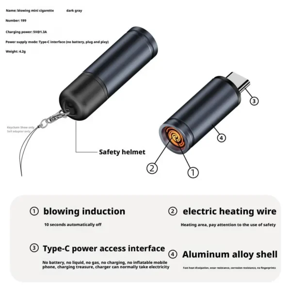 Aluminum Alloy Mini Blowing Cigarette Lighter No Charging, No Gas TYPE-C Plug Portable OTG Output Low Consumption Lighter