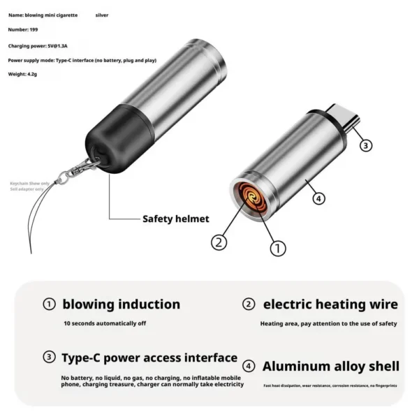 Aluminum Alloy Mini Blowing Cigarette Lighter No Charging, No Gas TYPE-C Plug Portable OTG Output Low Consumption Lighter