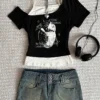 Asthetische Goth Fledermaus Brief Y2K Stil zweitelige T-Shirt Kurzarm Weste Harajuku Streetwear Hosentrger Frauen Kleidung Shirt