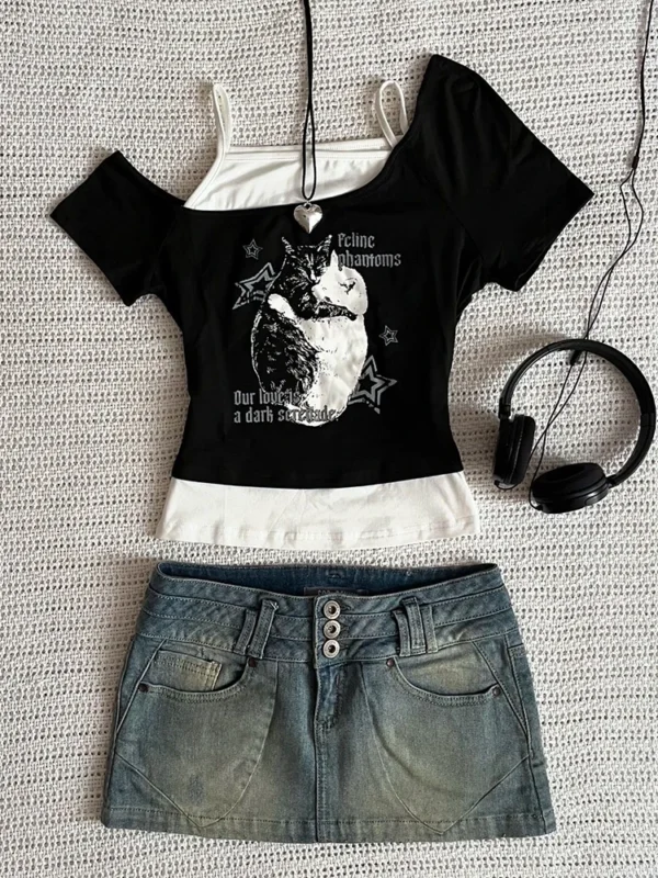Asthetische Goth Fledermaus Brief Y2K Stil zweitelige T-Shirt Kurzarm Weste Harajuku Streetwear Hosentrger Frauen Kleidung Shirt